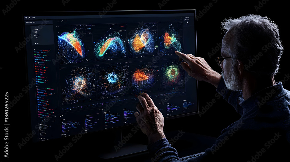 Fototapete older man interacting with colorful space data visualization on a computer screen