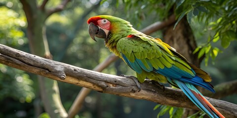 Obraz premium Vibrant Green Macaw Perched on a Branch in Lush Tropical Foliage A Stunning Display of Avian Beauty AI Generative
