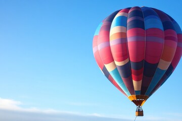 Naklejka premium close-up view of vibrant hot air balloon tethered to ground under clear blue sky
