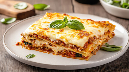 Delicious gourmet lasagna with golden cheese crust and fresh basil on plate