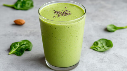 refreshing green smoothie made with spinach, protein powder, and topped with seeds