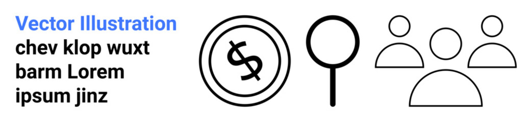 Magnifying glass, dollar sign inside coin, and group of people icons. Ideal for teamwork, finance, research, analytics, business community economic insights. Abstract line flat metaphor
