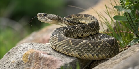 Obraz premium A venomous brown serpent slithers through wild grass, its dangerous rattle poised to strike AI Generative