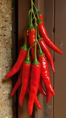  Red chili peppers drying in bunches on a rustic wall with earthy tones and natural lighting, perfect for traditional or cultural-themed content. © Alex Pios