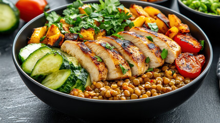 Fototapeta premium vibrant and nutritious meal featuring grilled chicken, sprouted lentils, and fresh vegetables