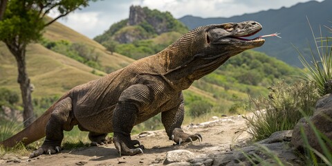 Fototapeta premium Green iguana, a tropical reptile, scales sun-warmed rocks AI Generative
