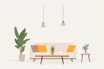 Fototapeta premium flat design illustration of modern living room set featuring minimalist furniture and accessories with vibrant colors