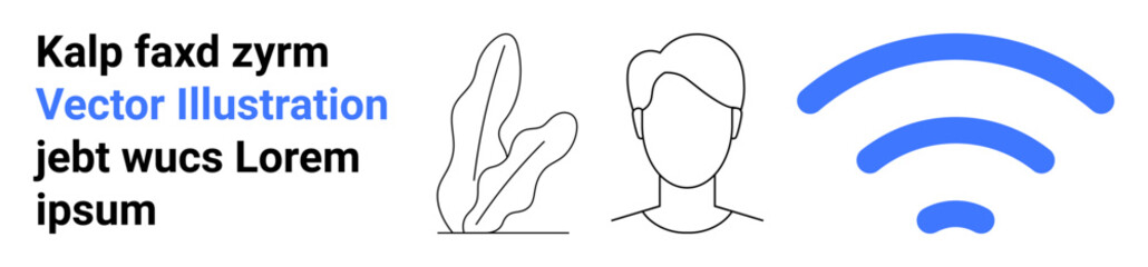 Minimalist plant sketch, human face outline, and wireless signal in blue. Ideal for technology, communication, networking, online presence, remote work, digital identity simple landing page