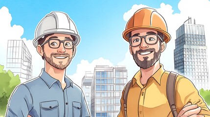 Smiling Architects: A Vibrant Cityscape Illustration AI Generated