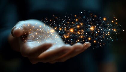 A human hand holding a collection of glowing connected dots