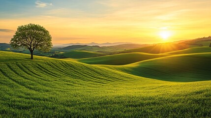 Obraz premium Beautiful Green Landscape with Sunset – Peaceful Nature Scenery