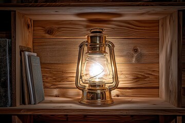 Illuminated brass kerosene lamp on rustic wooden shelf with books, creating a warm, nostalgic ambiance. Perfect for home decor, vintage, or rustic themes.
