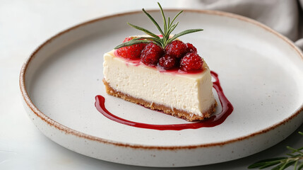 Creamy cheesecake slice topped with fresh raspberries and drizzle of berry sauce, beautifully