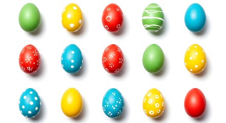 Obraz premium Huevos de Pascua con estampados coloridos sobre fondo blanco