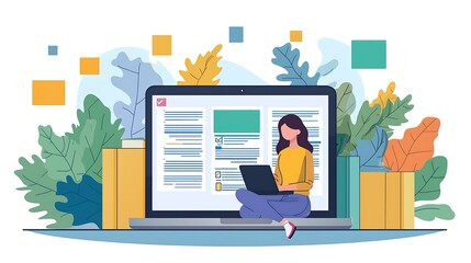 Young Woman Working on Laptop Surrounded by Colorful Leaves and Digital Elements