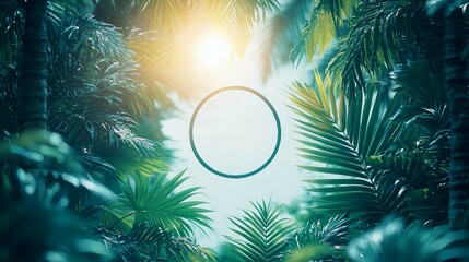 Lush Tropical Paradise: Palm Leaves, Sunlight, and a Blank Circle Frame for Your Design
