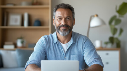 smiling man with beard is sitting at desk, working on laptop in cozy home office