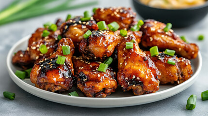 Fototapeta premium Delicious Korean style fried chicken wings garnished with green onions and sesame seeds