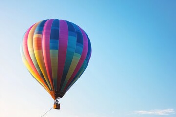 Naklejka premium close-up view of vibrant hot air balloon tethered to ground under clear blue sky