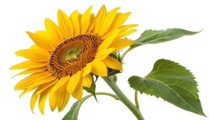 Naklejka premium Bright Yellow Sunflower with a Large Center, Isolated on a White Background, radiating warmth and happiness, Clean and Modern Botanical Stock Photo