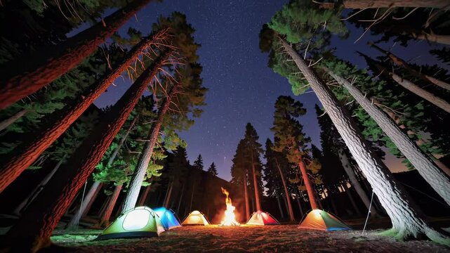 Low-angle video of a nighttime forest campsite with tents and a central campfire under a starry sky, creating a serene and adventurous atmosphere.