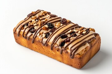 Delicious moist cake topped with chocolate glaze, nuts, and dried fruits on a white background