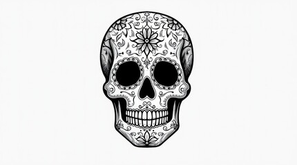 A minimalist black and white Mexican sugar skull with intricate floral line art, ideal for tattoo designs or modern illustrations.
