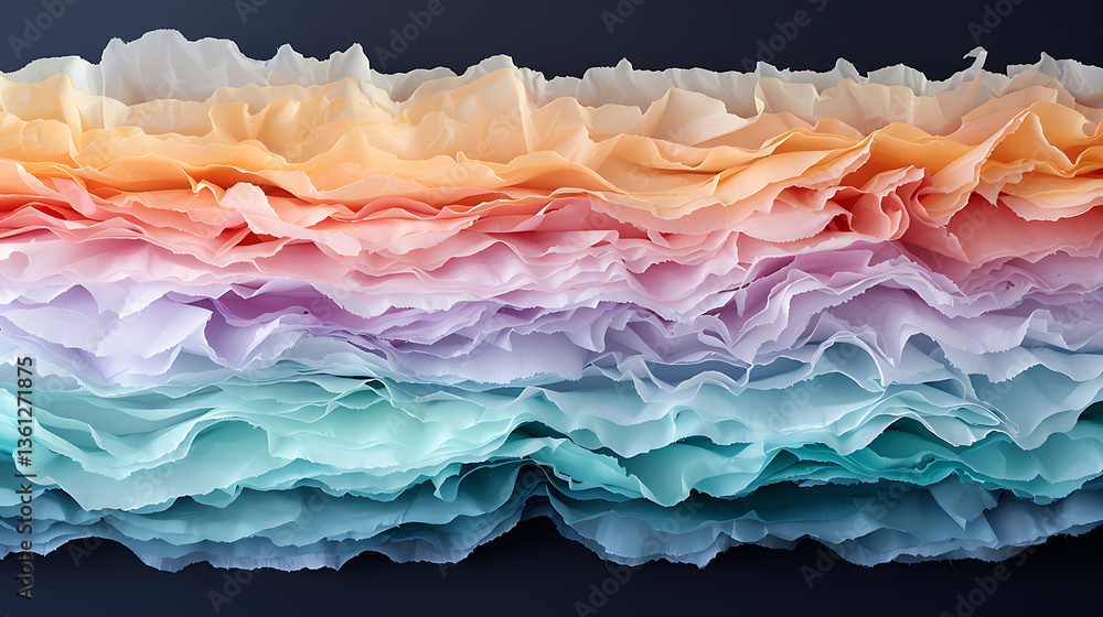 Poster cascading rainbow layers abstract texture fabric art colorful ruffled edge design on dark background
