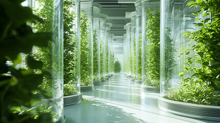 Greenhouse corridor with plants in transparent containers and natural light.