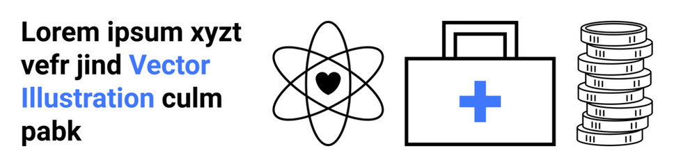 Atom with heart symbol, medical first aid kit, stack of coins. Ideal for healthcare, finance, science, innovation, wellness, economics simple landing page