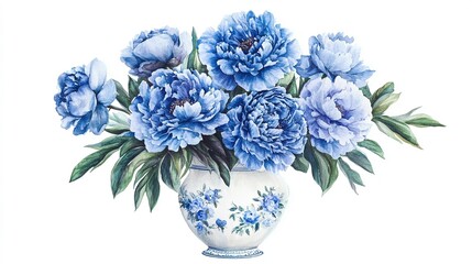 A beautiful watercolor painting of blue peonies in a vase