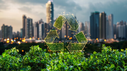 Urban skyline with a recycling symbol surrounded by greenery.