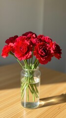 Obraz premium Elegant red carnations in a vase on a wooden table with natural sunlight, creating a serene and classic floral composition.