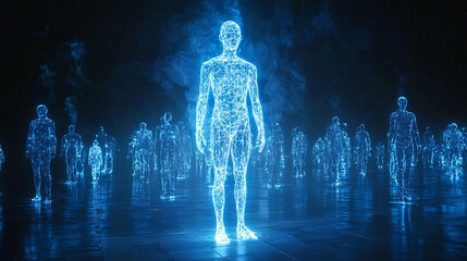 Digital silhouettes in a futuristic blue-lit environment.