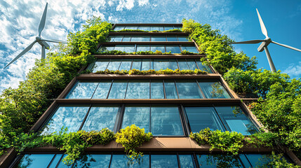Modern green building surrounded by wind turbines and lush vegetation.