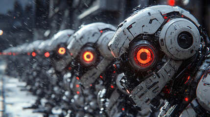 Futuristic robots lined up in a rain-soaked environment.