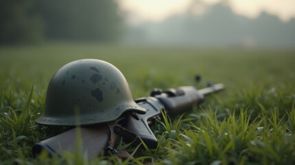 Soldier’s helmet resting on a rifle in a field with blurred green grass, in soft grayscale for a peaceful resting scene.