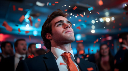Man in Suit Gazing Upward Amidst Falling Confetti at a Festive Event