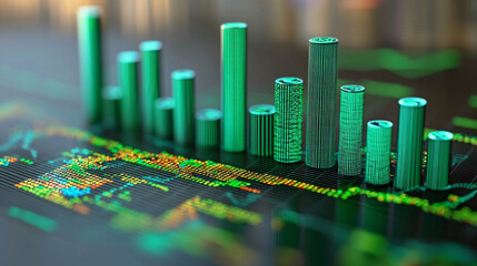Abstract financial data visualization with green and blue tones.