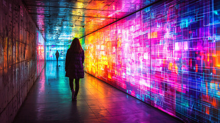 A person walks through a colorful, illuminated corridor with vibrant patterns.