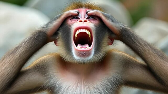 Monkey expressing frustration while surrounded by rocks  