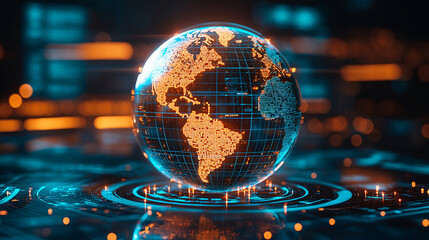 Digital globe with glowing lines and abstract background.