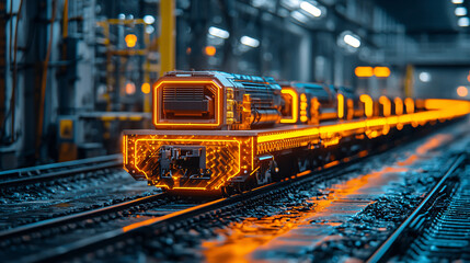 A glowing train in a vibrant industrial setting at night.