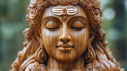 Fototapeta premium A detailed wooden sculpture of a serene face with eyes closed, surrounded by greenery
