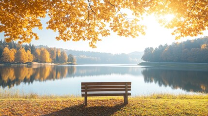 warmly lit autumn landscape featuring golden leaves serene lake in background and abundant copy space above