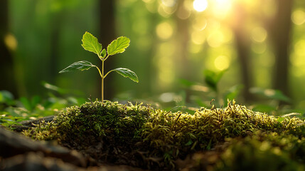 A young plant grows on a mossy surface in a sunlit forest.