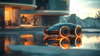 Futuristic car parked beside a modern building with a reflective surface.