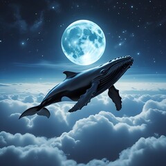 Fototapeta premium A majestic whale floating above the clouds under a glowing full moon, surrounded by a starry cosmic sky, in a dreamlike surreal atmosphere, Generative Ai 