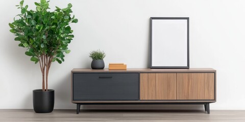 Potted plant frame and cabinet decorate a modern white room