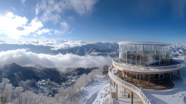 Panoramic Winter Mountaintop View with Glass Structure